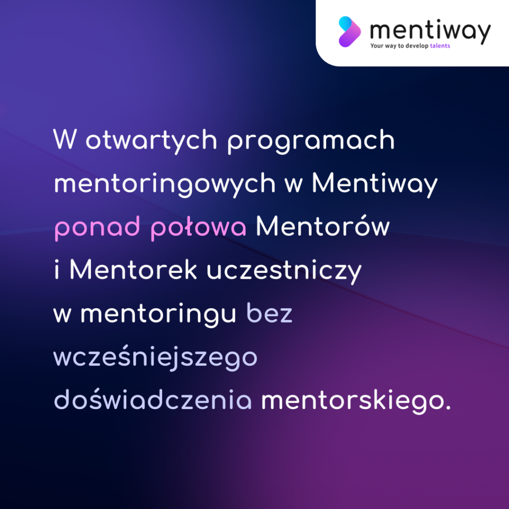 W otwartych programach mentoringowych w Mentiway ponad połowa Mentorów 
i Mentorek uczestniczy 
w mentoringu bez wcześniejszego doświadczenia mentorskiego.