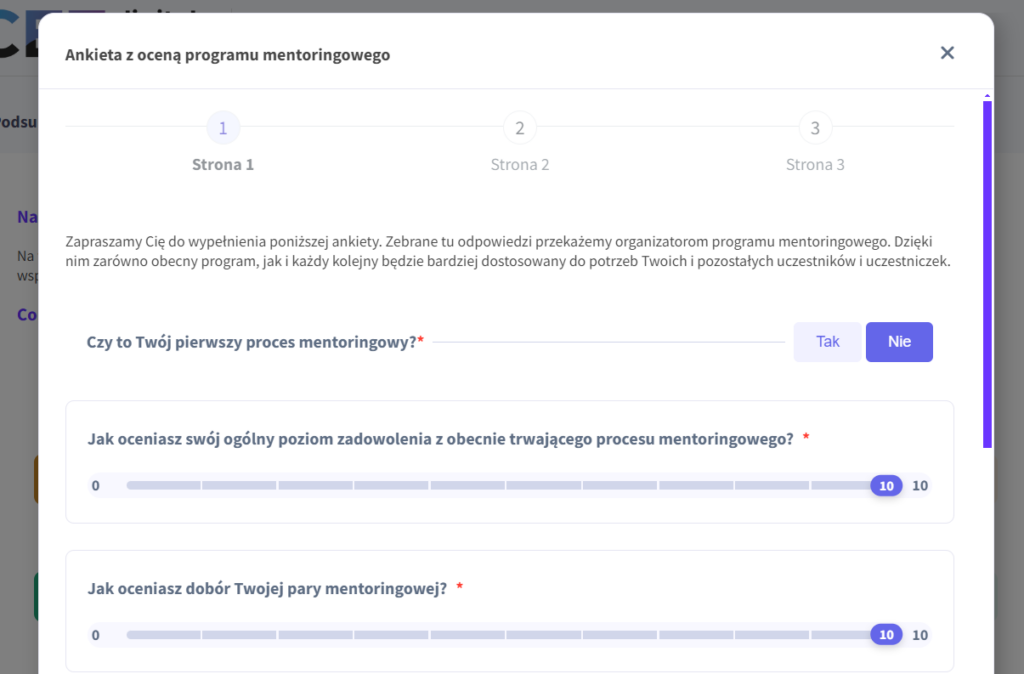 Ankieta z oceną programu mentoringowego.